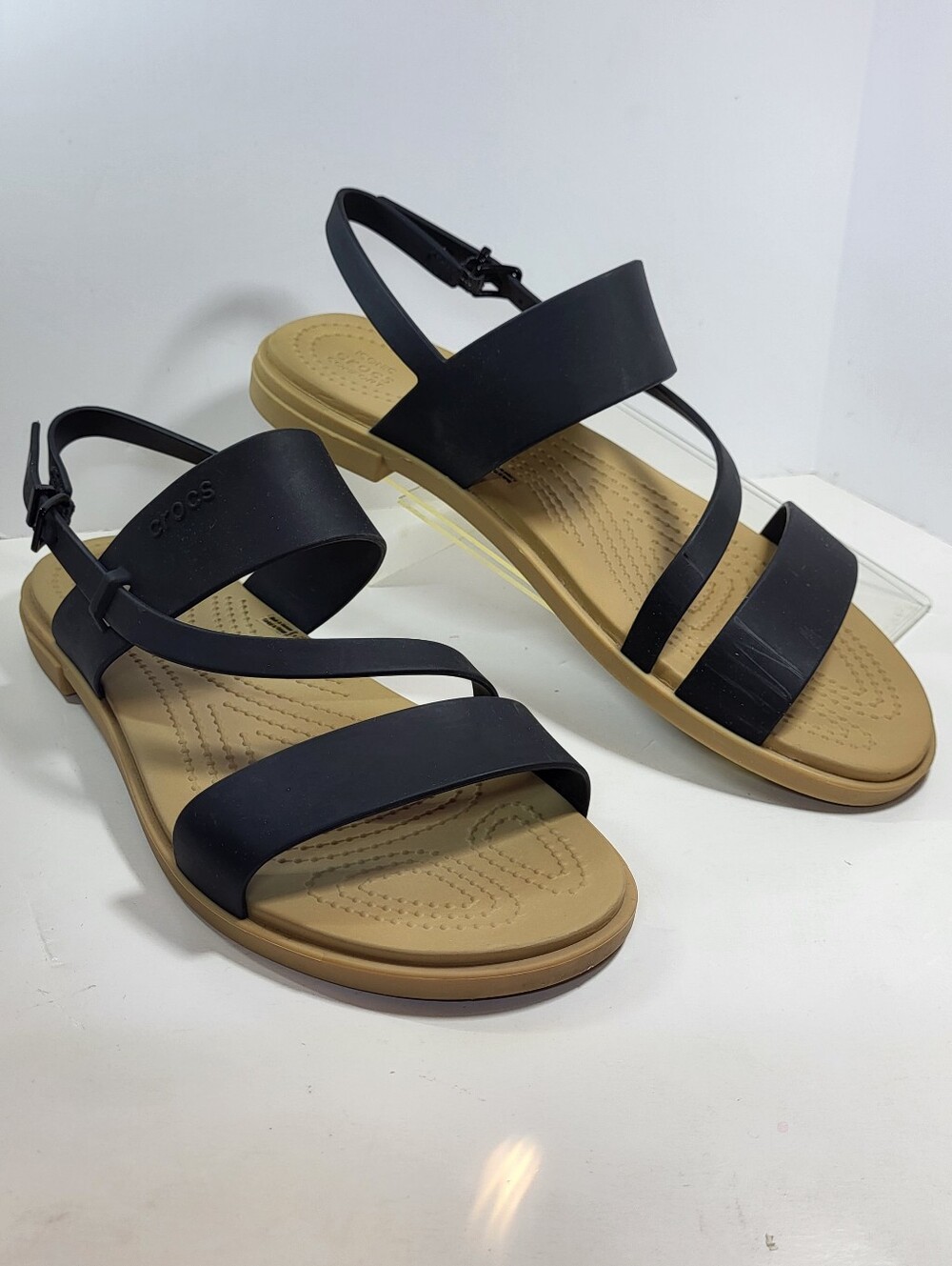 Crocs Tulum Black SANDALS Womens Size 9 Strappy Adjustable Tan Soles Flats *READ